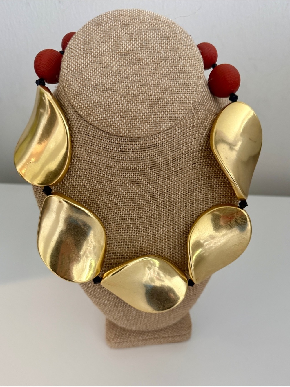 Angela Caputti Italian designer Gold Statement Necklace with Red Bead Accents